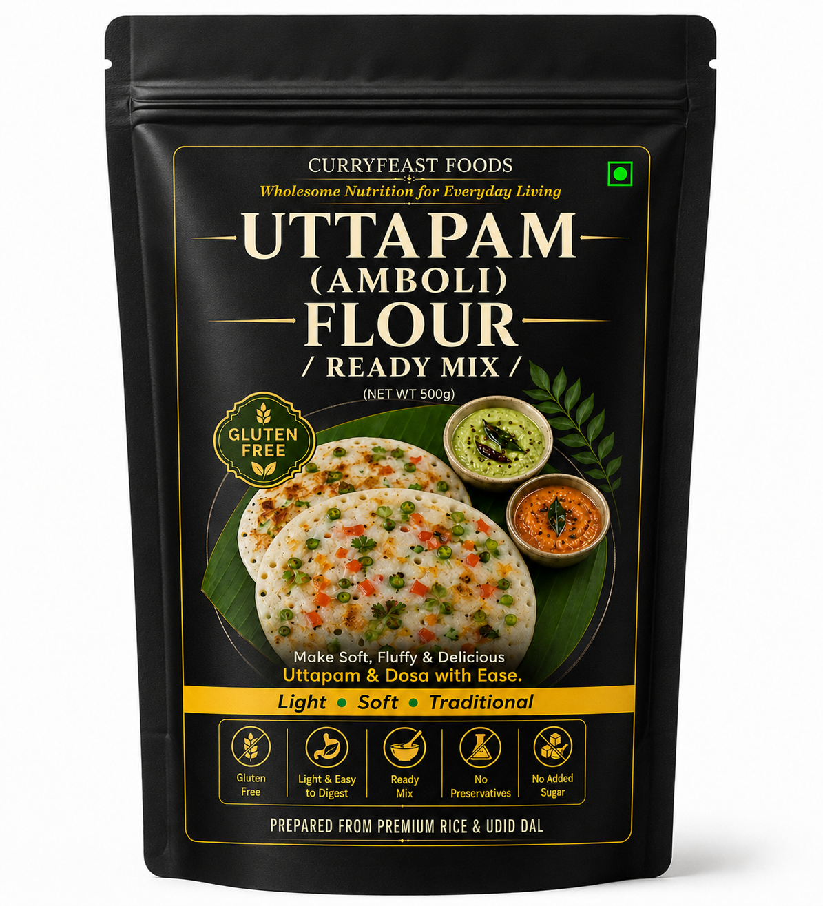 Curryfeast Uttapam (Amboli) Flour Ready Mix | Gluten Free Rice & Udid Dal Mix | Make Soft Fluffy Uttapam, Amboli & Dosa | Easy to Digest Traditional Breakfast Mix | 500g