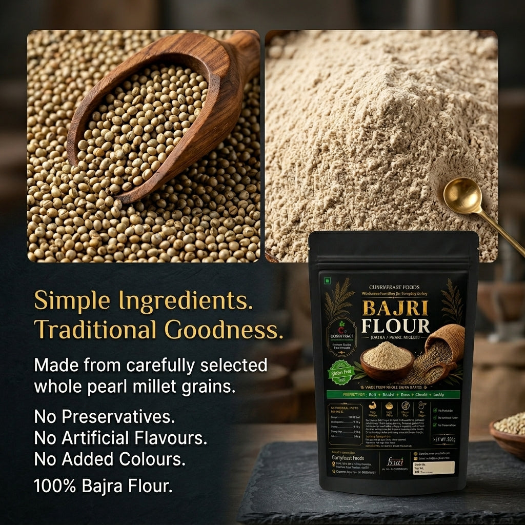 Curryfeast Bajri Flour (Pearl Millet Flour) 1kg | Naturally Gluten Free | Rich in Dietary Fiber | Make Traditional Bhakri & Roti | Easy to Digest | No Preservatives | Prepared from Whole Bajra Grain