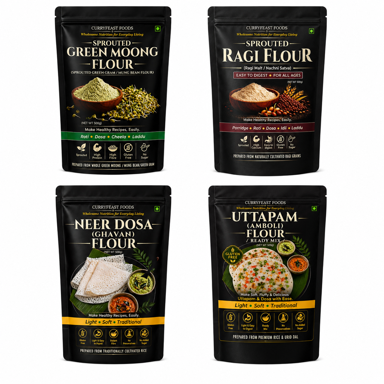 Curryfeast Wholesome Nutrition & Traditional Taste Combo | Sprouted Green Moong Flour, Sprouted Ragi Flour, Neer Dosa Flour & Uttapam Flour | Easy Everyday Meals | Gluten Free | Traditional Indian Ready Mix Combo