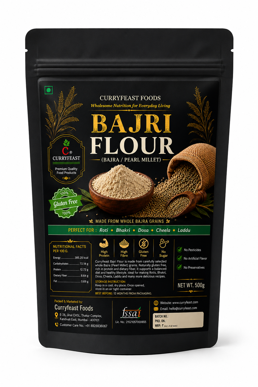 Curryfeast Bajri Flour (Pearl Millet Flour) 1kg | Naturally Gluten Free | Rich in Dietary Fiber | Make Traditional Bhakri & Roti | Easy to Digest | No Preservatives | Prepared from Whole Bajra Grain