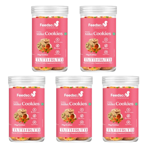 Feedsco Tutti Frutti Millet Cookies 75gm Pack of 5 - Tasty & Healthy Snack with Natural Sweetness - Best Healthy Cookies for Kids & Adults