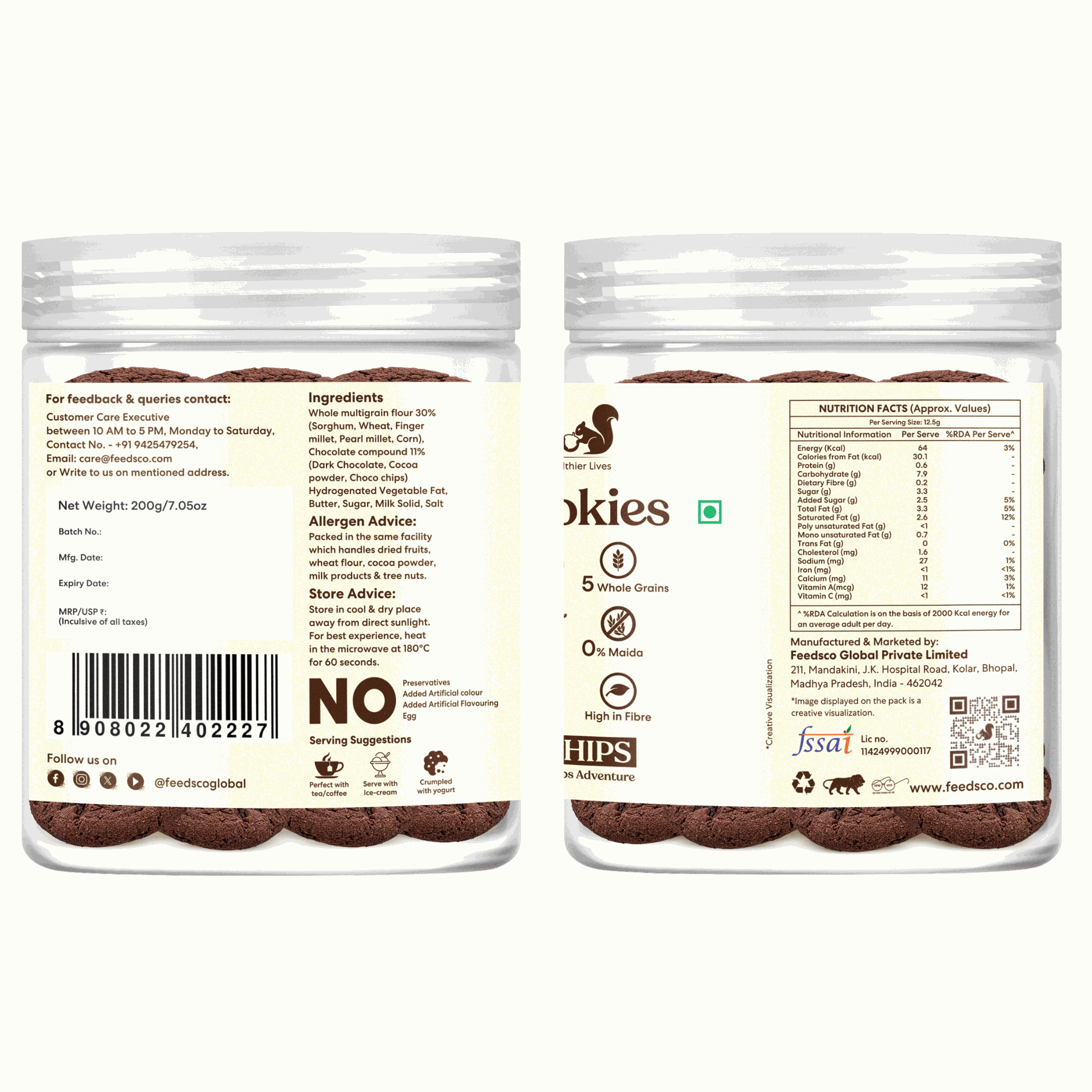 Feedsco Millet Choco Chips Cookies - 200gm Pack of 2 - Multigrain, Premium Handmade Healthy Snack Biscuits | No Preservatives | Ideal Kids Snack, Tiffin Box Treat