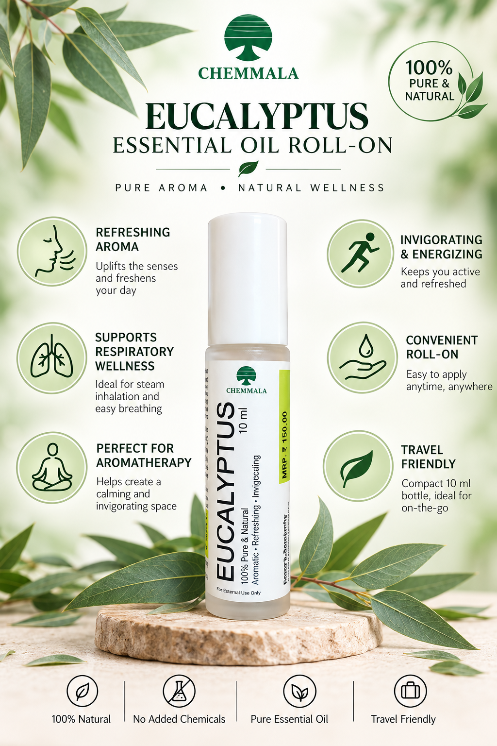 Chemmala Eucalyptus Essential Oil extraction process infographic showing fresh leaves, steam distillation, oil separation, and pure oil bottling