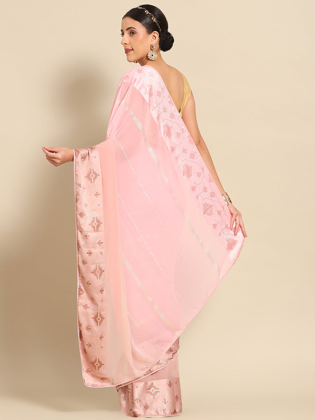Printed striped saree with printed border(Pink)