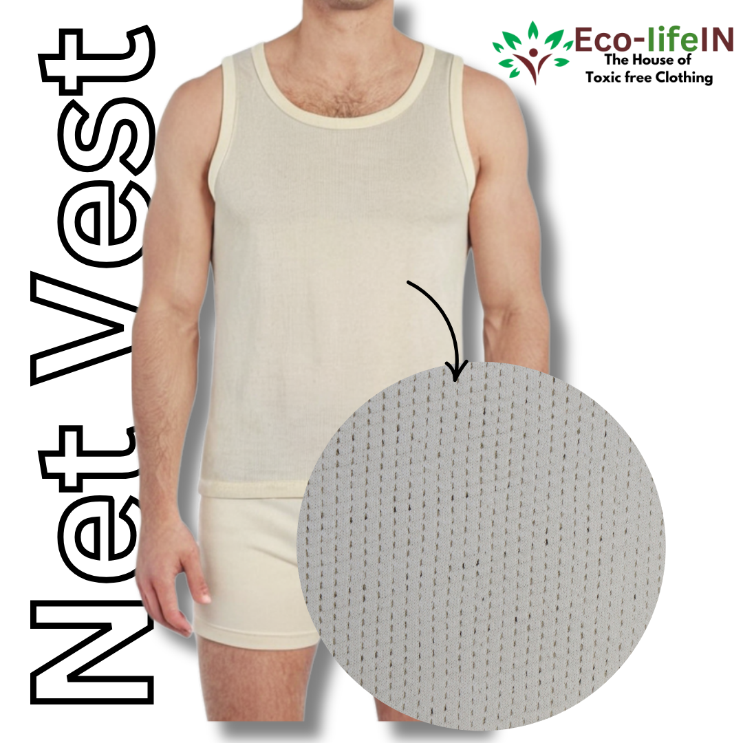 Eco life Men's Toxic free Undyed and Unbleached pure Cotton Net Vest - Pack of 3