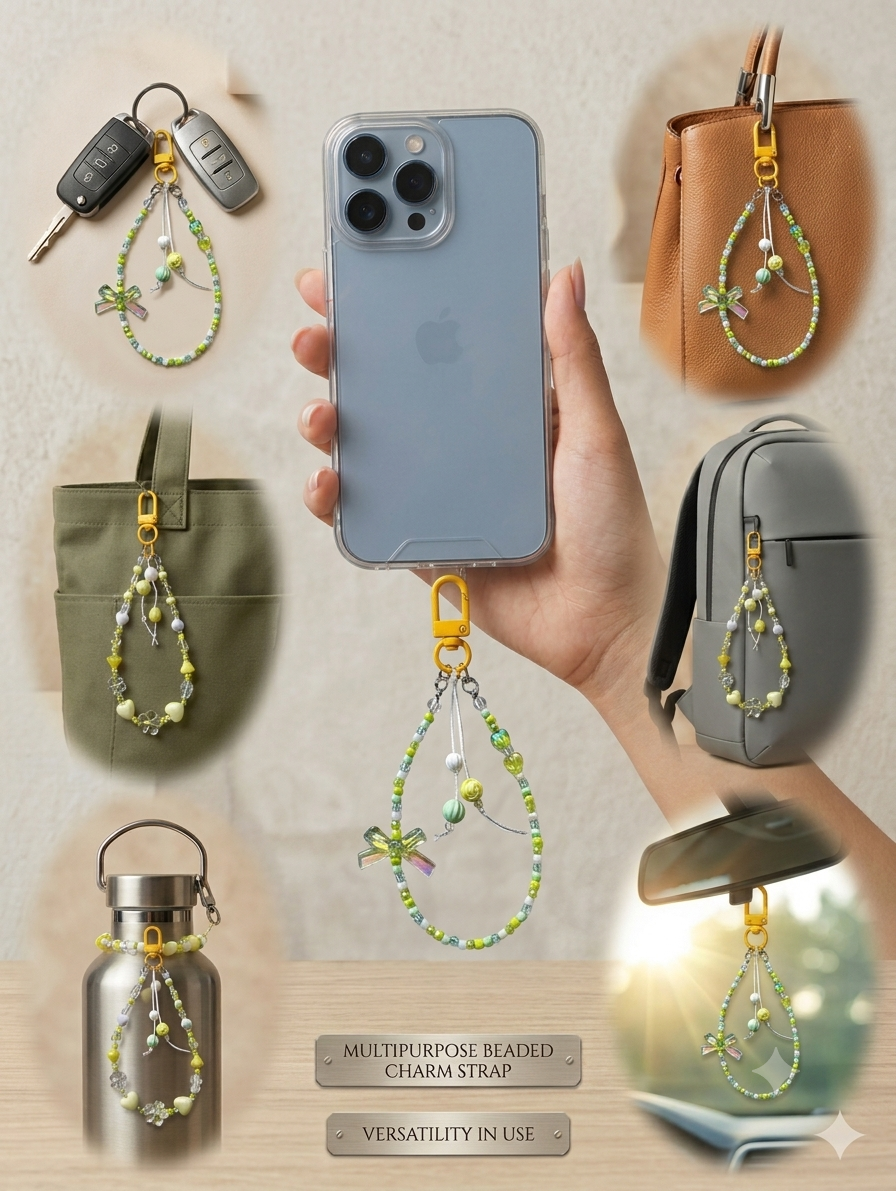 BeYoou.Bling Handcrafted Green Bow & Heart Beaded Wristlet Keychain & Phone Tag, Safety Tag