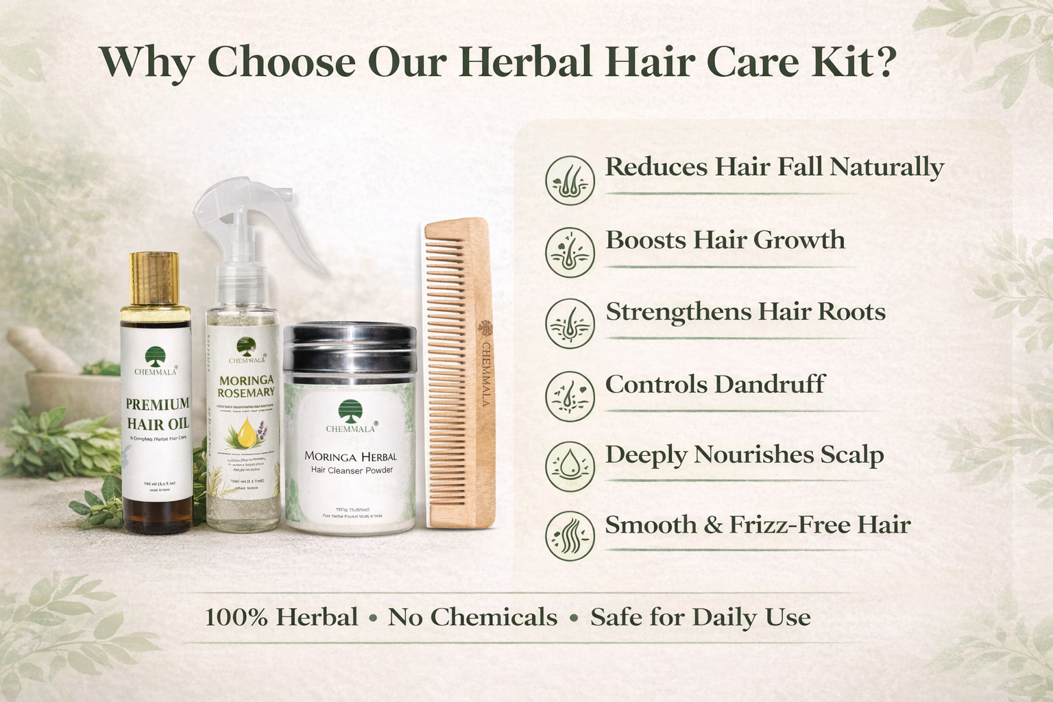 Complete Herbal Hair Care Kit – Moringa Hair Oil, Herbal Hair Wash Powder, Rosemary Hair Growth Spray & Neem Wooden Comb | Controls Hair Fall, Boosts Growth & Reduces Dandruff | 100% Natural