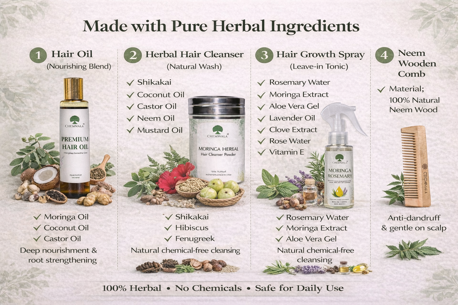 Complete Herbal Hair Care Kit – Moringa Hair Oil, Herbal Hair Wash Powder, Rosemary Hair Growth Spray & Neem Wooden Comb | Controls Hair Fall, Boosts Growth & Reduces Dandruff | 100% Natural