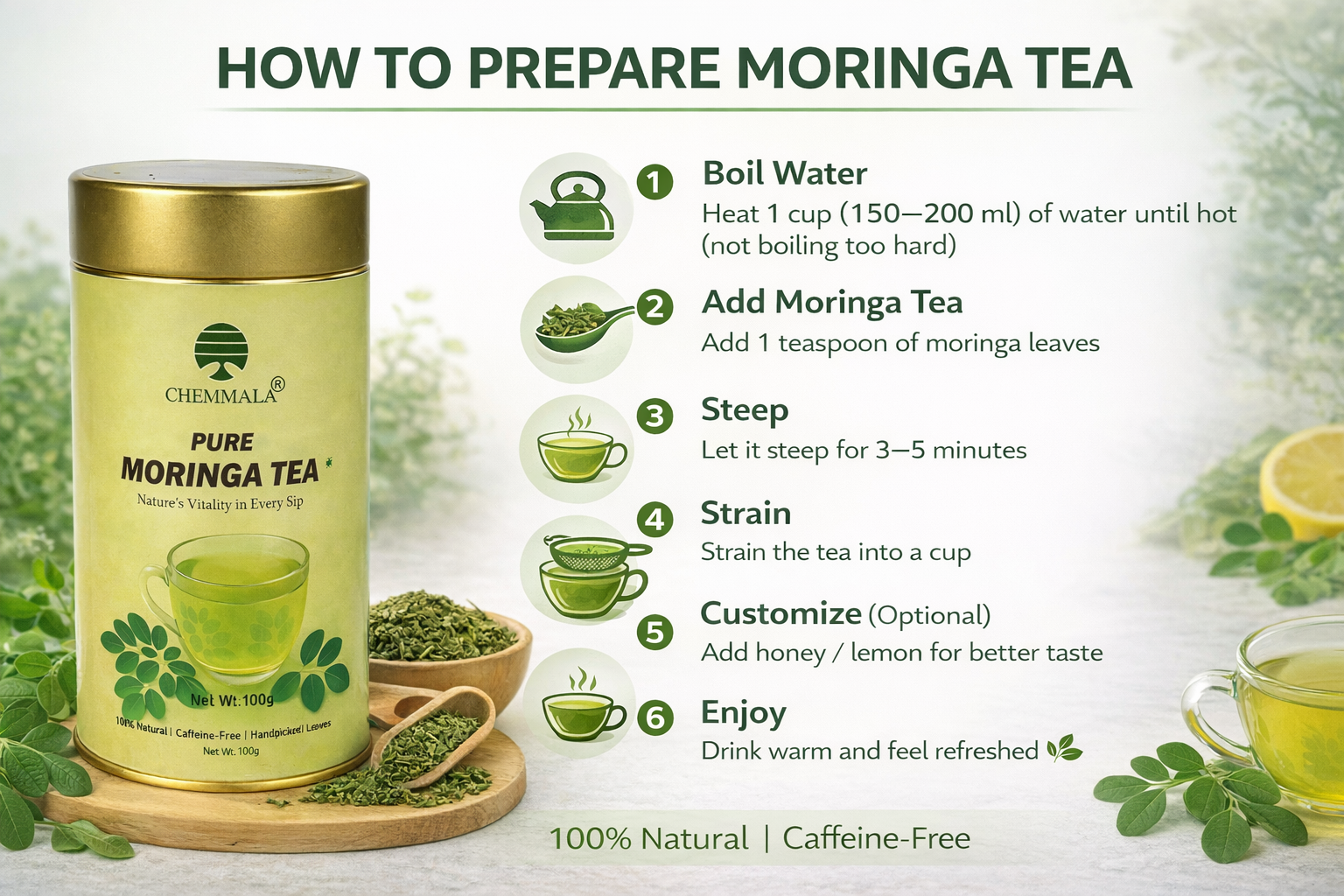 Chemmala Pure Moringa Tea | 100% Natural Herbal Tea | Rich in Antioxidants | Caffeine-Free Wellness Drink | 100g