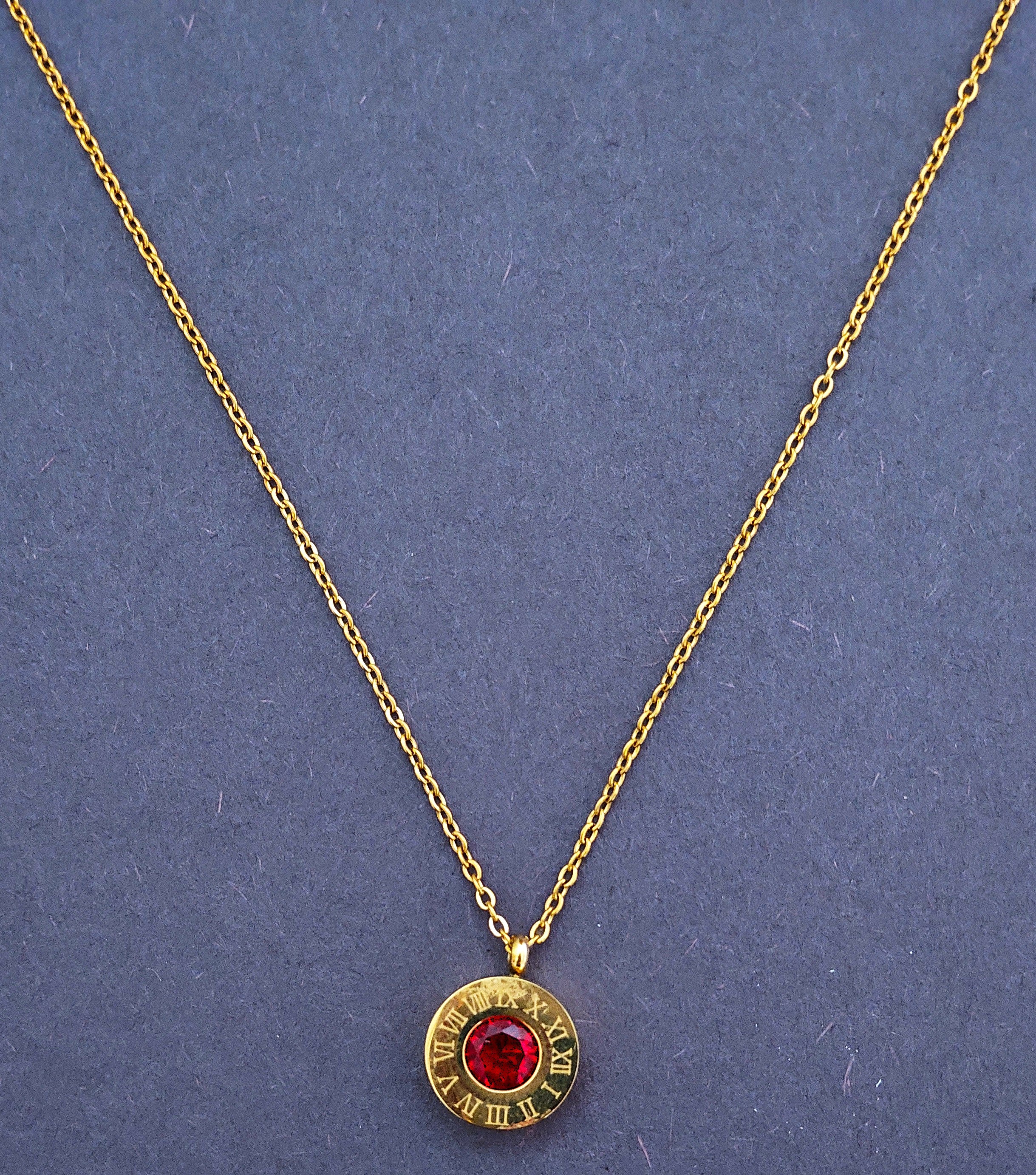 BeYoou.Bling Anti-Tarnish Waterproof Stainless Steel Roman Numeral Red Stone Necklace