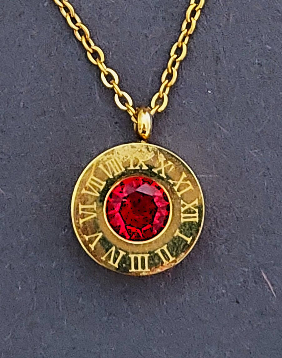 BeYoou.Bling Anti-Tarnish Waterproof Stainless Steel Roman Numeral Red Stone Necklace