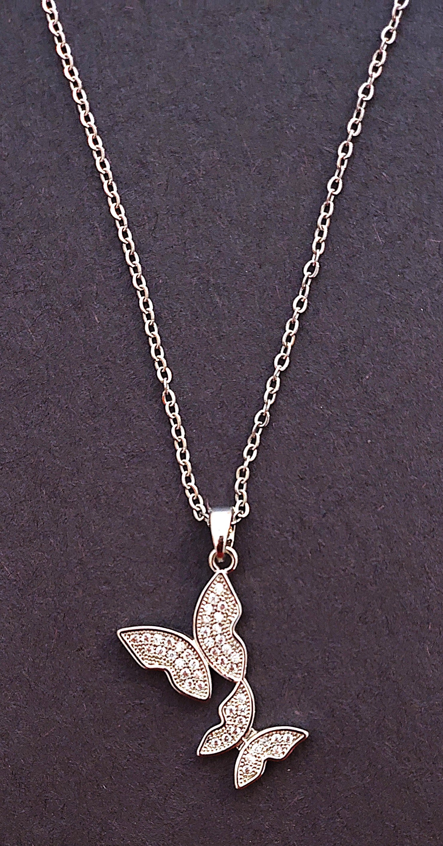 BeYoou.Bling Anti-Tarnish Waterproof Stainless Steel Elegant Double Butterfly AD stone Pendant Steel Necklace for Women