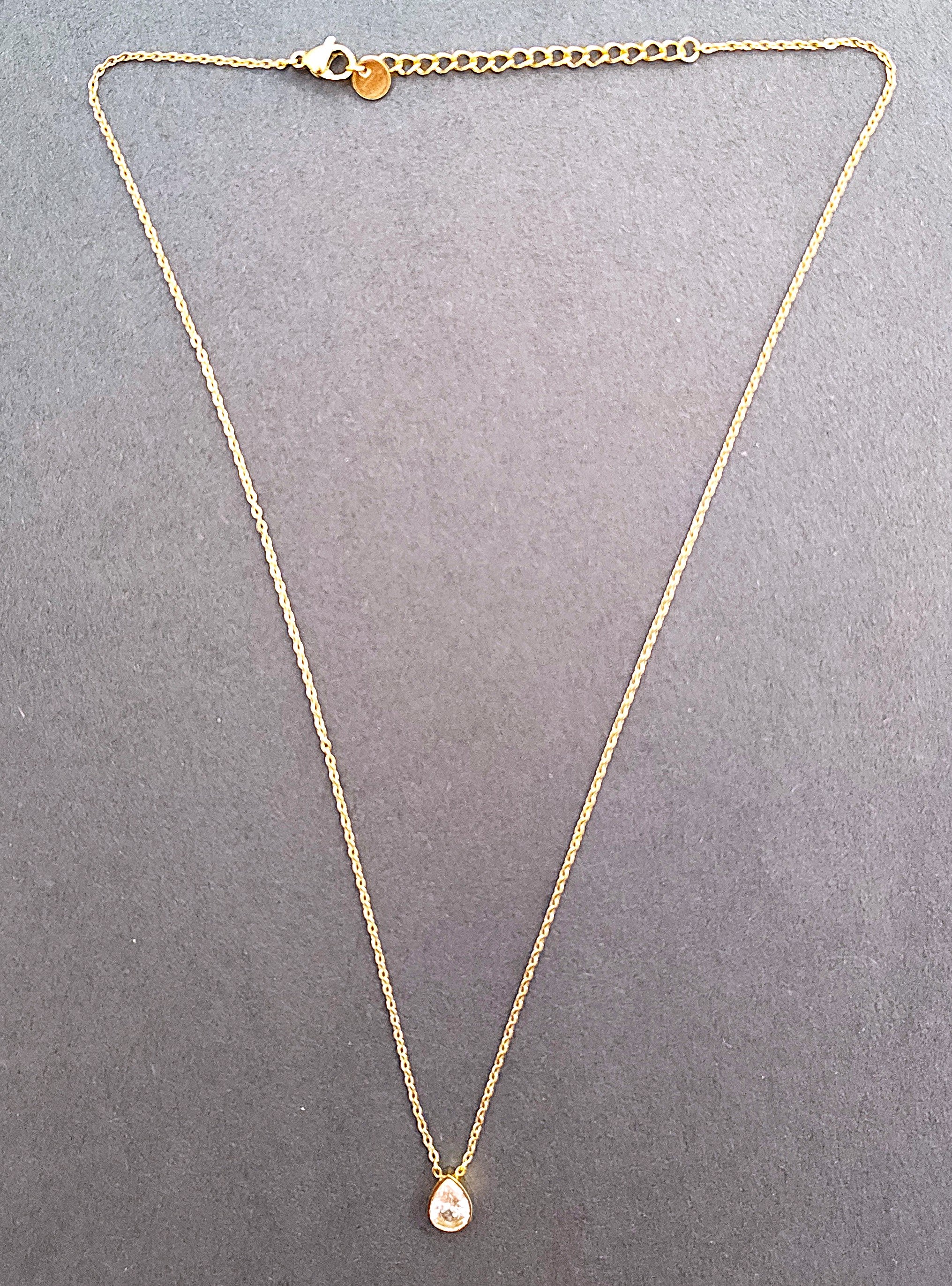 BeYoou.Bling Anti-Tarnish Waterproof Stainless Steel Classic Teardrop AD Stone Pendant Necklace for Women