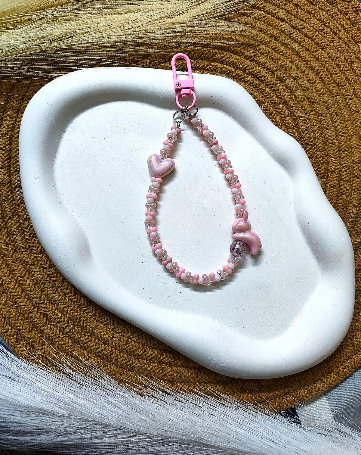 BeYoou.Bling Handcrafted **Cute Pastel Pink Bunny Beaded Wristlet Keychain, Phone Tag, Safety Tag
