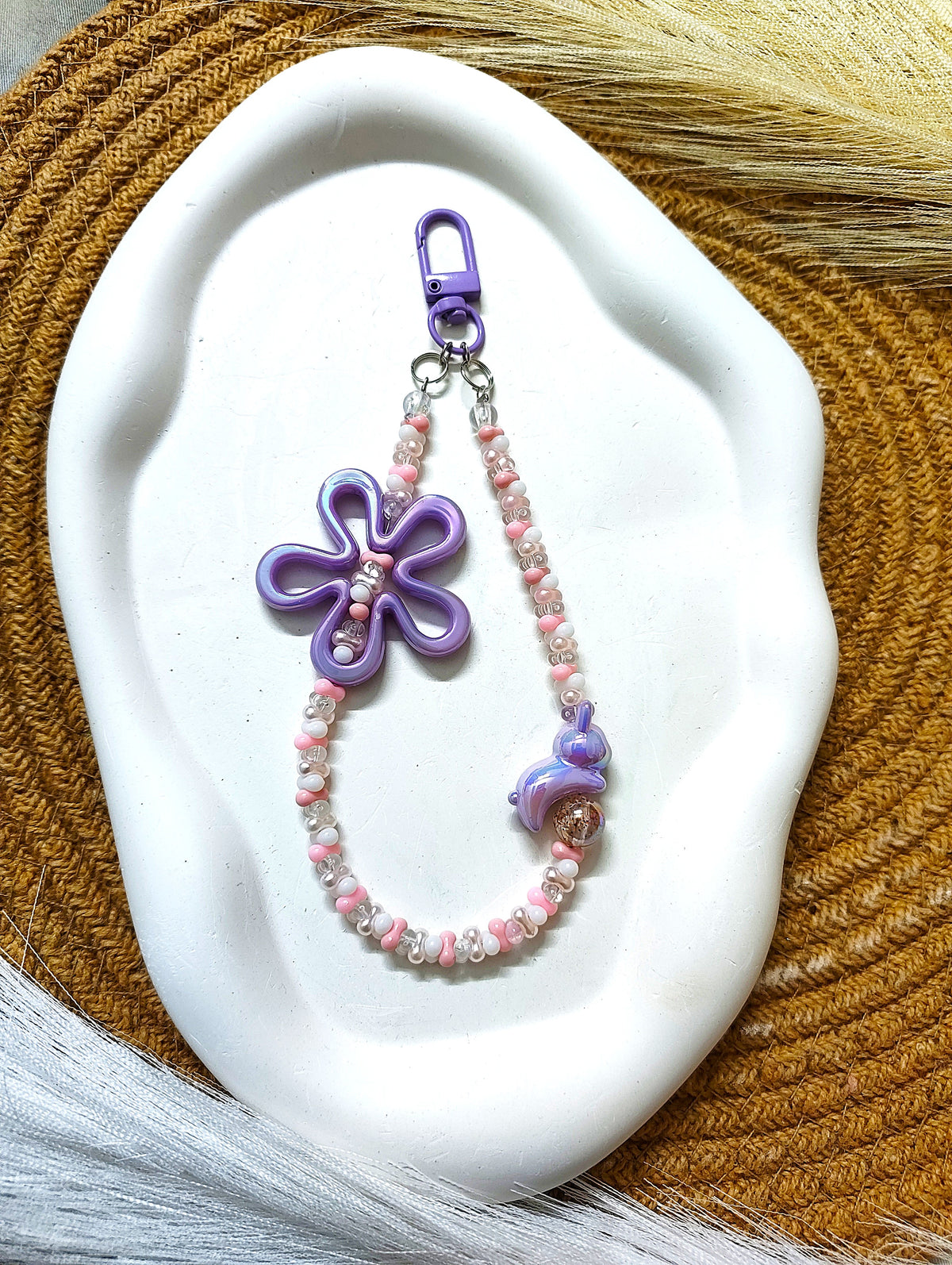 BeYoou.Bling Handcrafted **Purple Flower & Dolphin Beaded Wristlet Keychain, Phone Tag, Safety Tag
