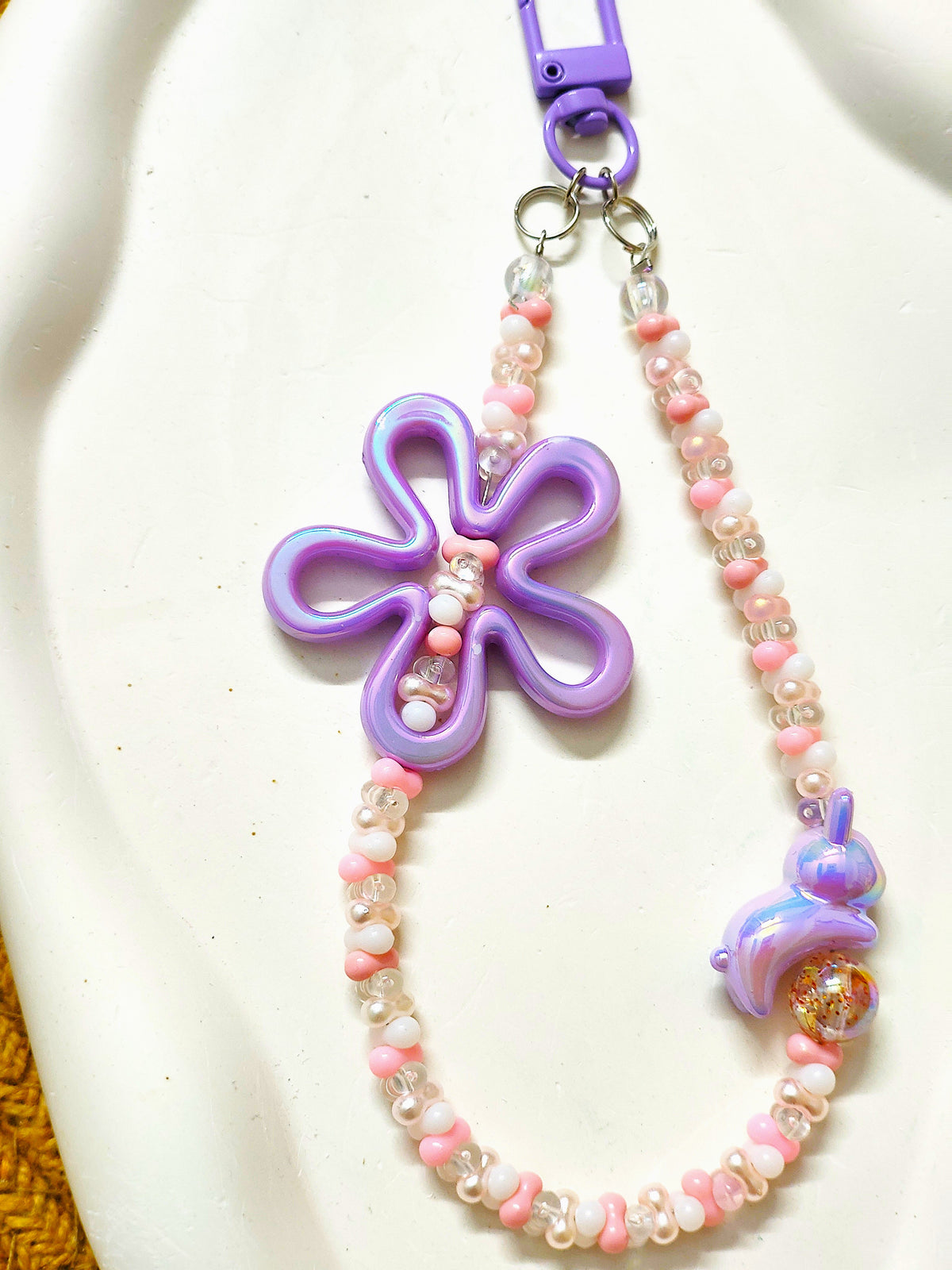 BeYoou.Bling Handcrafted **Purple Flower & Dolphin Beaded Wristlet Keychain, Phone Tag, Safety Tag