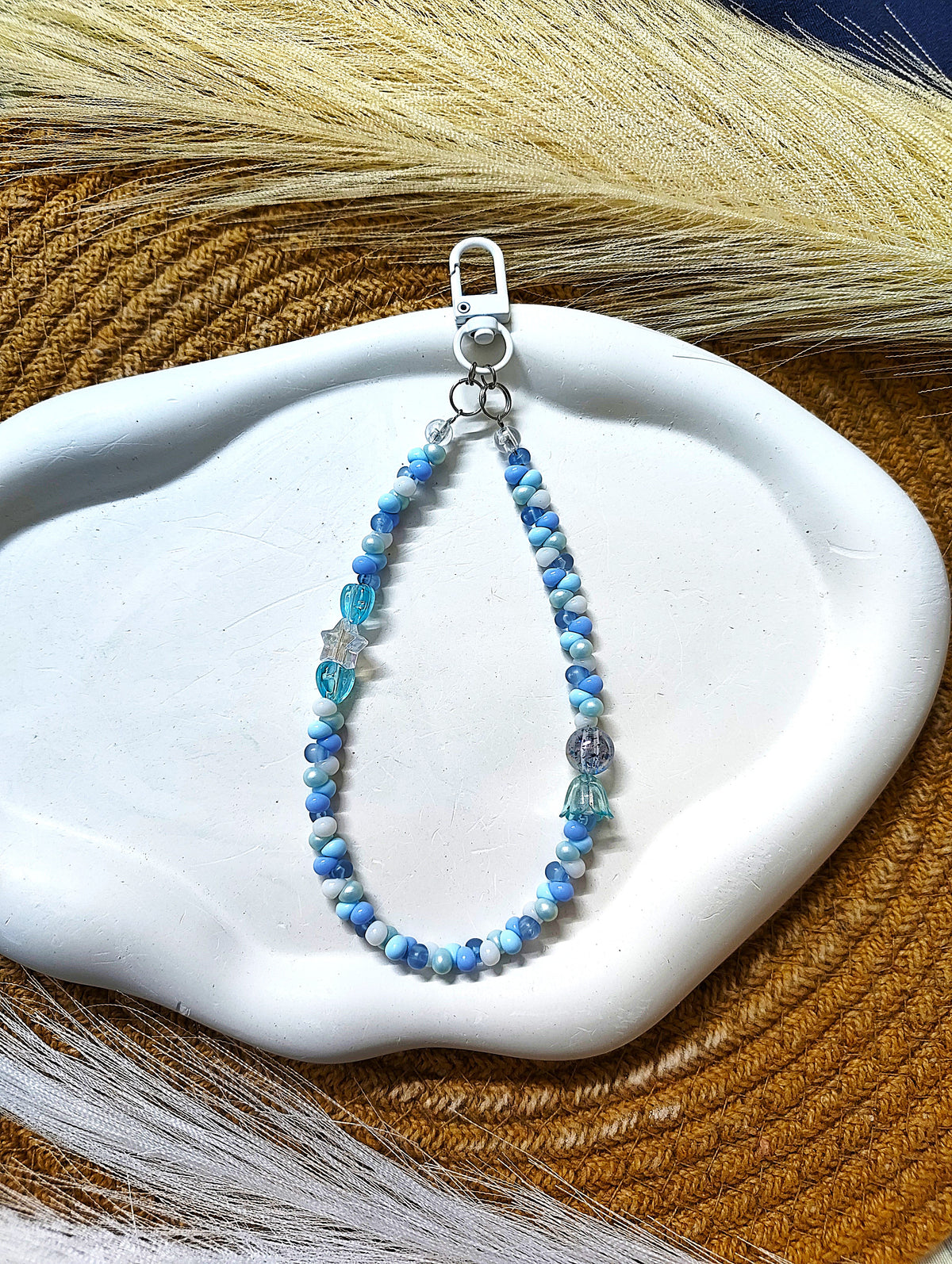 BeYoou.Bling Handcrafted **Blue Bellflower, Star Beaded Wristlet Keychain, Phone Strap, Safety Tag
