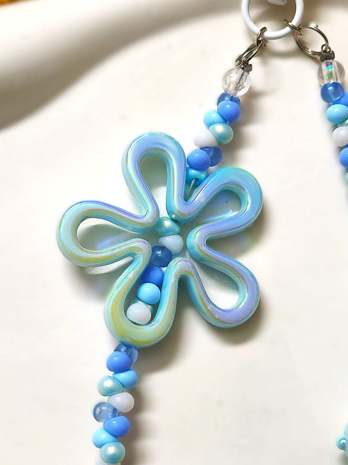 BeYoou.Bling Handcrafted **Blue Flower & Bunny Beaded Wristlet Keychain, Phone Tag, Safety Tag