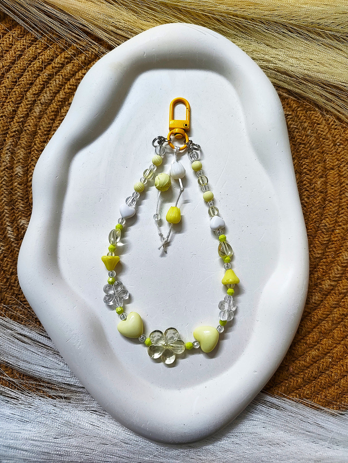 BeYoou.Bling Handcrafted Yellow Daisy & Heart Beaded Wristlet Keychain & Phone Tag, Safety Tag