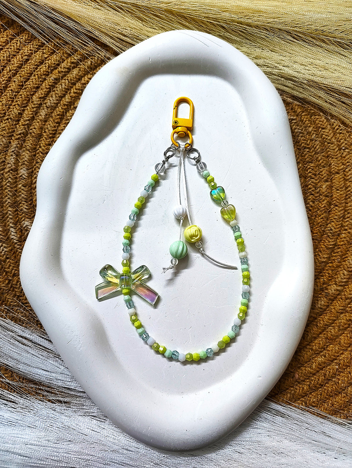 BeYoou.Bling Handcrafted Green Bow & Heart Beaded Wristlet Keychain & Phone Tag, Safety Tag
