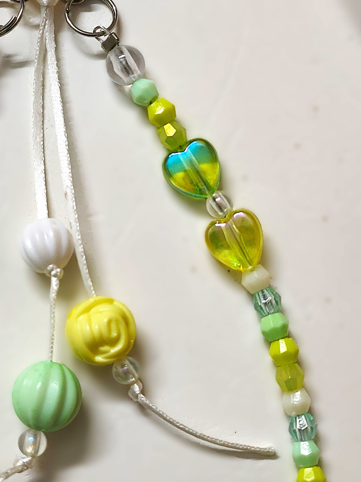 BeYoou.Bling Handcrafted Green Bow & Heart Beaded Wristlet Keychain & Phone Tag, Safety Tag