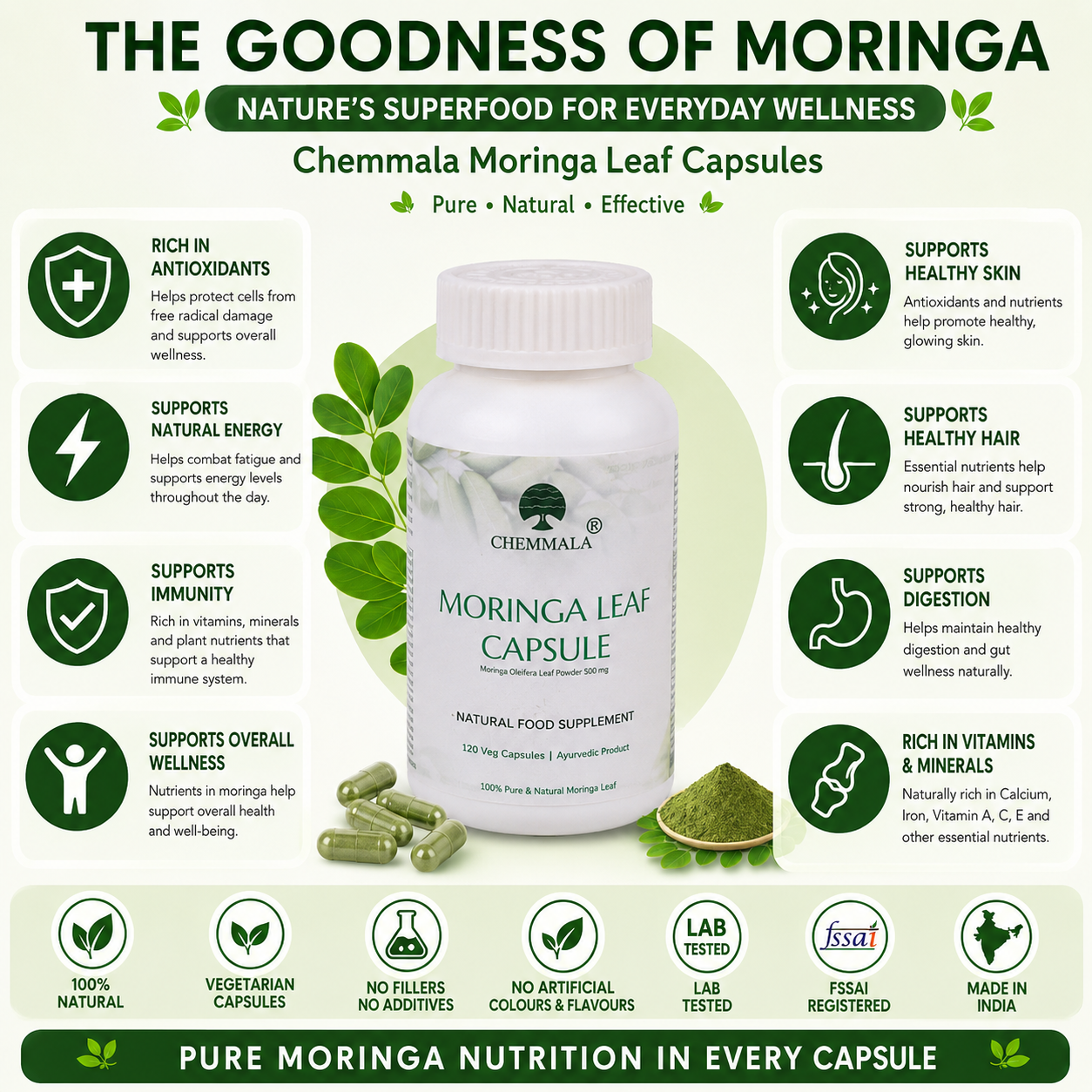 Chemmala Moringa Leaf Capsules 500mg | 60 Veg Capsules | 100% Pure Herbal Supplement