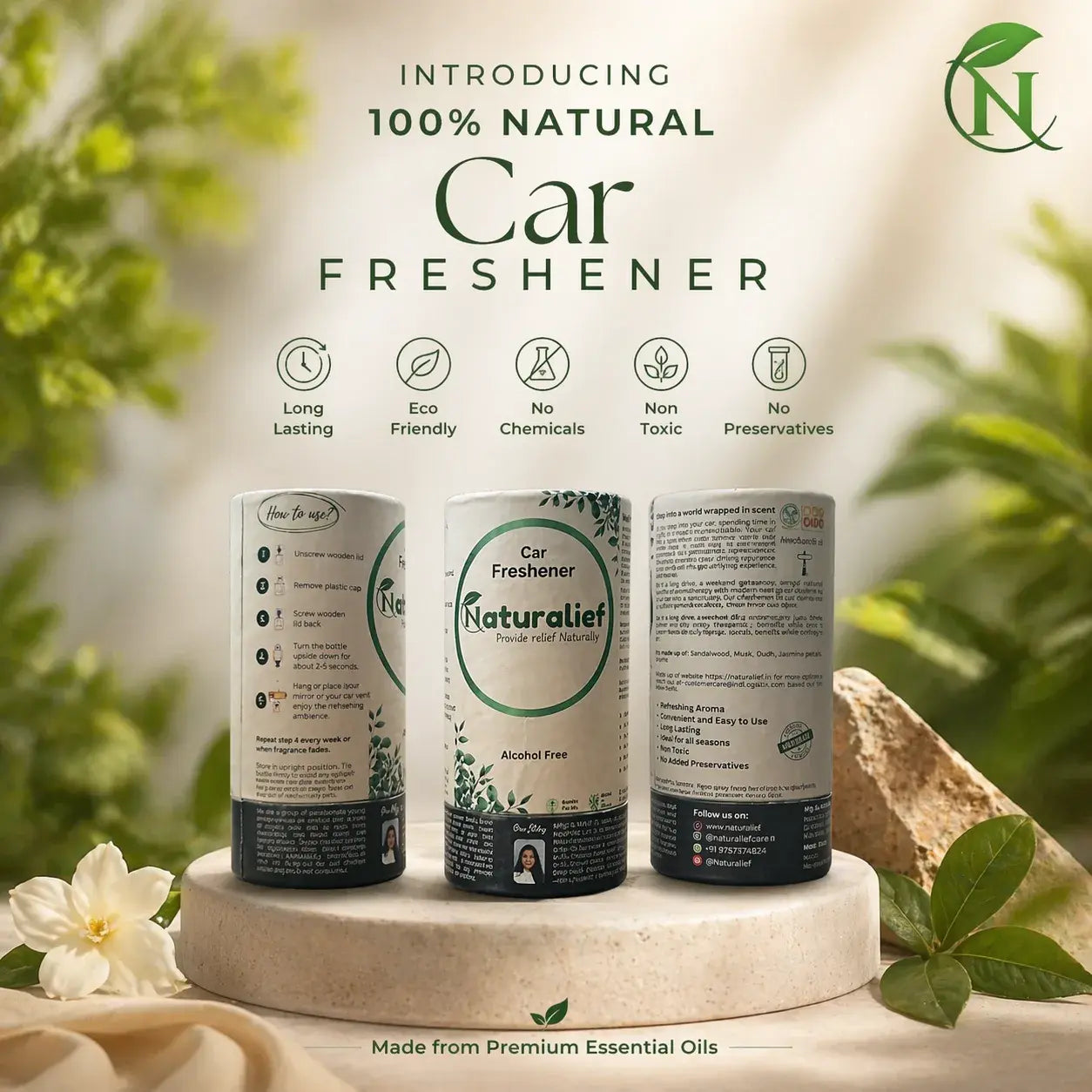 Naturalief Car Freshener – Pure Essential Oil Blend with Wooden Hanging Diffuser Pod
