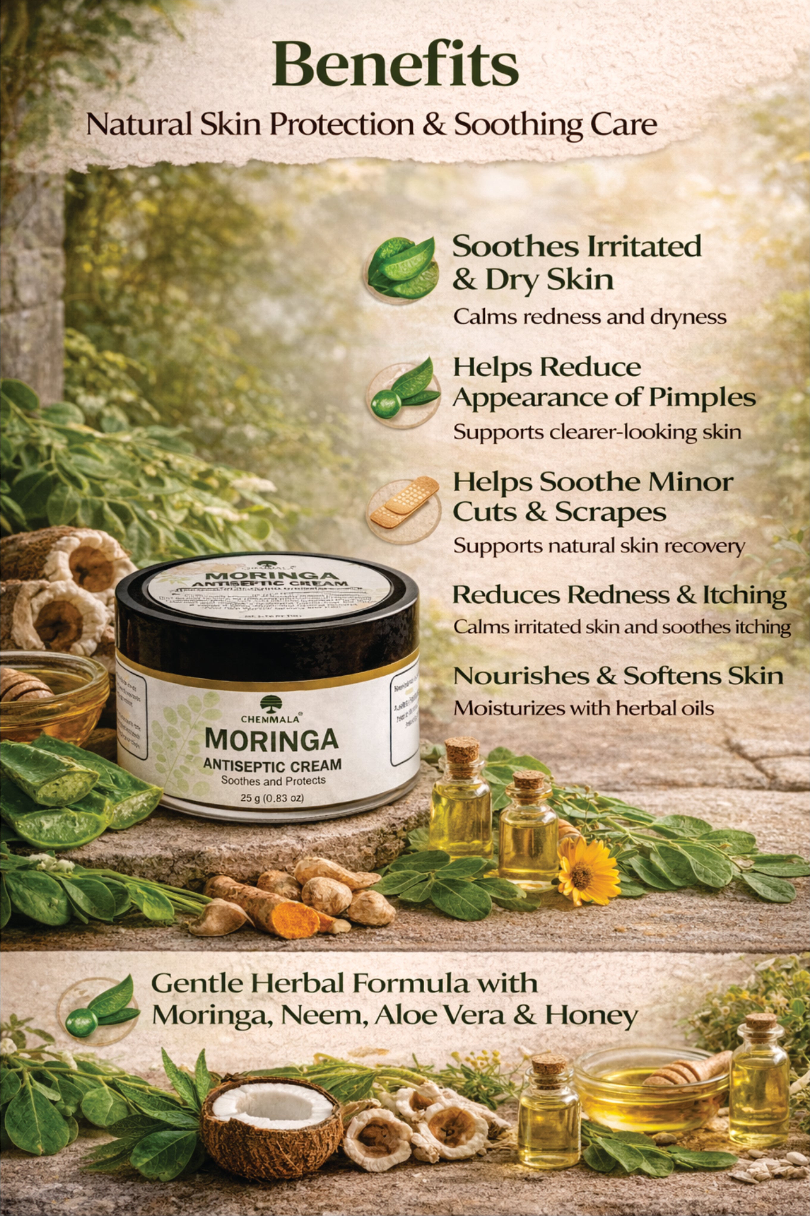 Chemmala Moringa Antiseptic Cream | Herbal Skin Protection | Soothes Irritation, Cuts & Dry Skin | Natural Formula | 25g