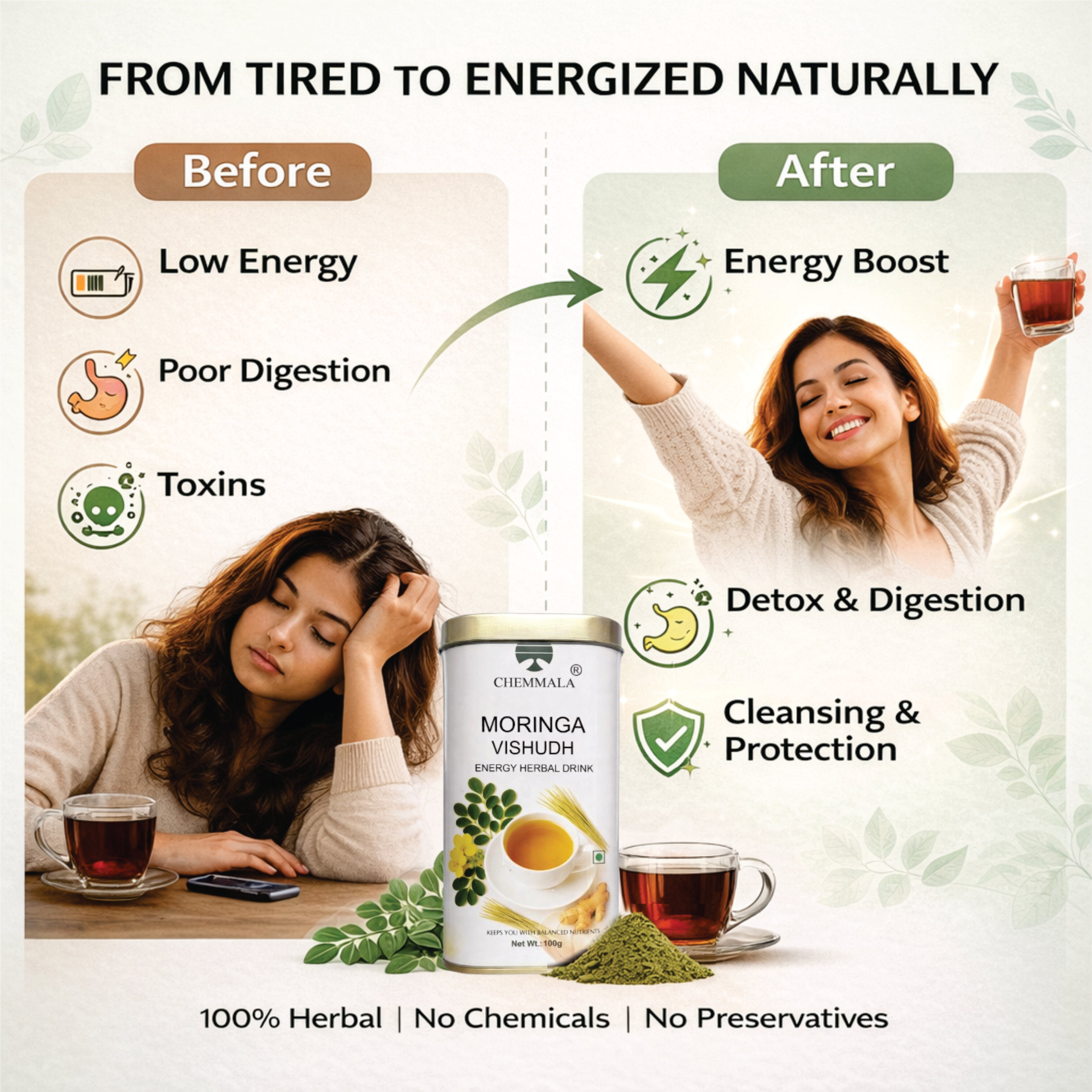 Chemmala Moringa Vishudh Herbal Drink | 100% Natural Detox & Energy Booster | Supports Digestion & Immunity | No Chemicals, No Preservatives (100g)