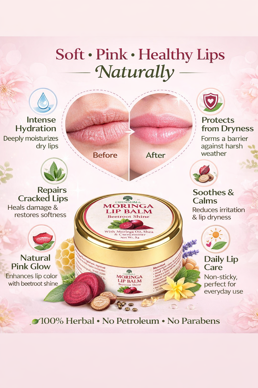 Benefits infographic of non-tinted Moringa Lip Balm showing hydration, repair of dry lips, natural shine, protection from dryness and daily lip care