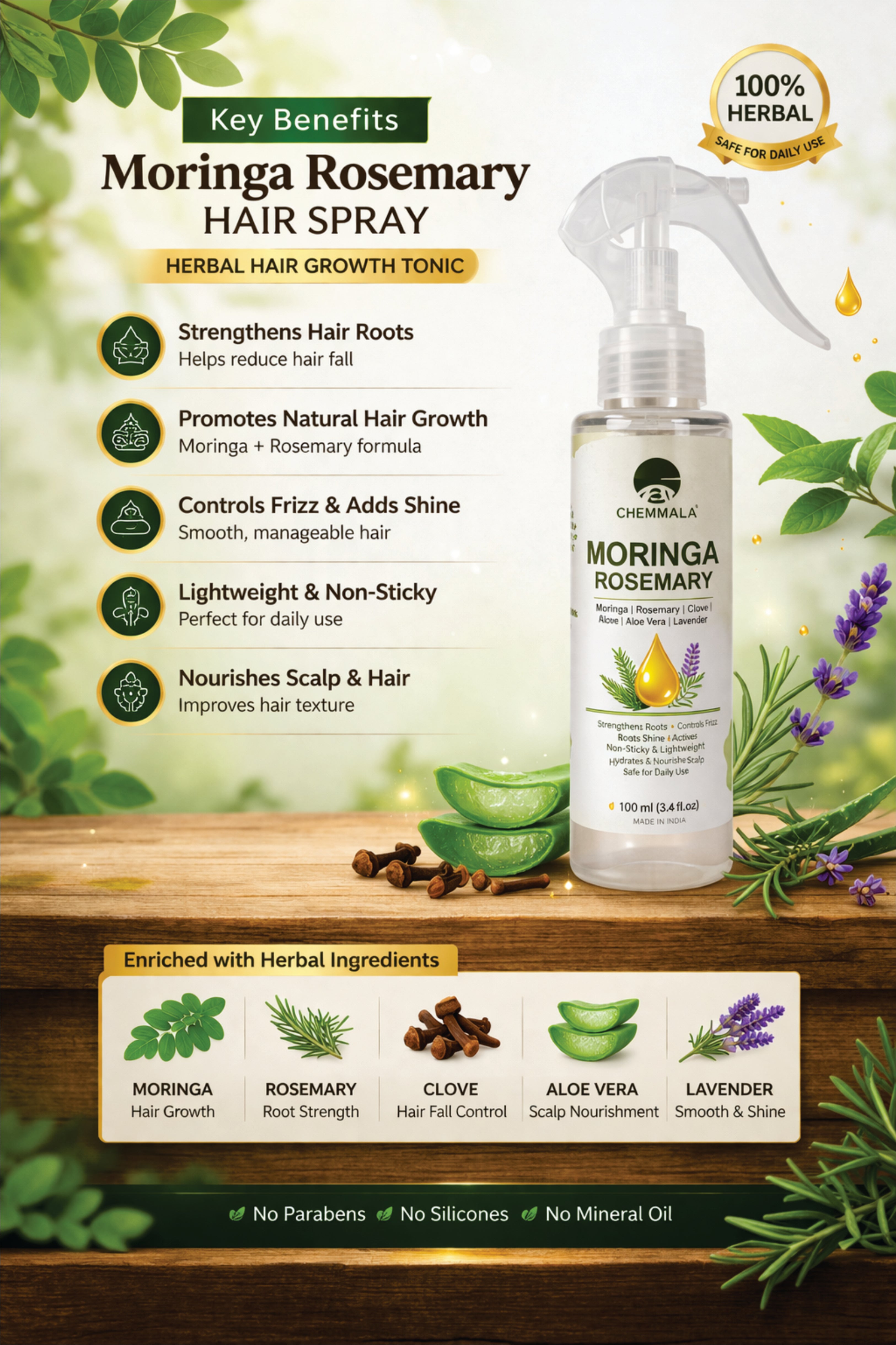 Chemmala Moringa Rosemary Hair Spray | Herbal Hair Growth Tonic | Controls Hair Fall & Frizz | Non-Sticky Daily Use | 100ml