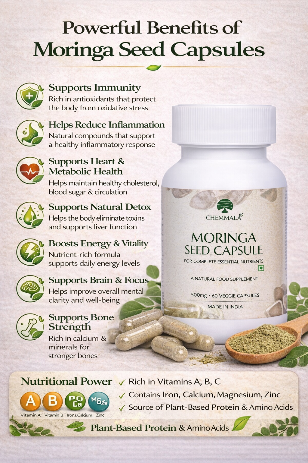 Chemmala Moringa Seed Capsules 500 mg – 100% Herbal Natural Supplement for Immunity, Digestion & Overall Wellness (60 Capsules)