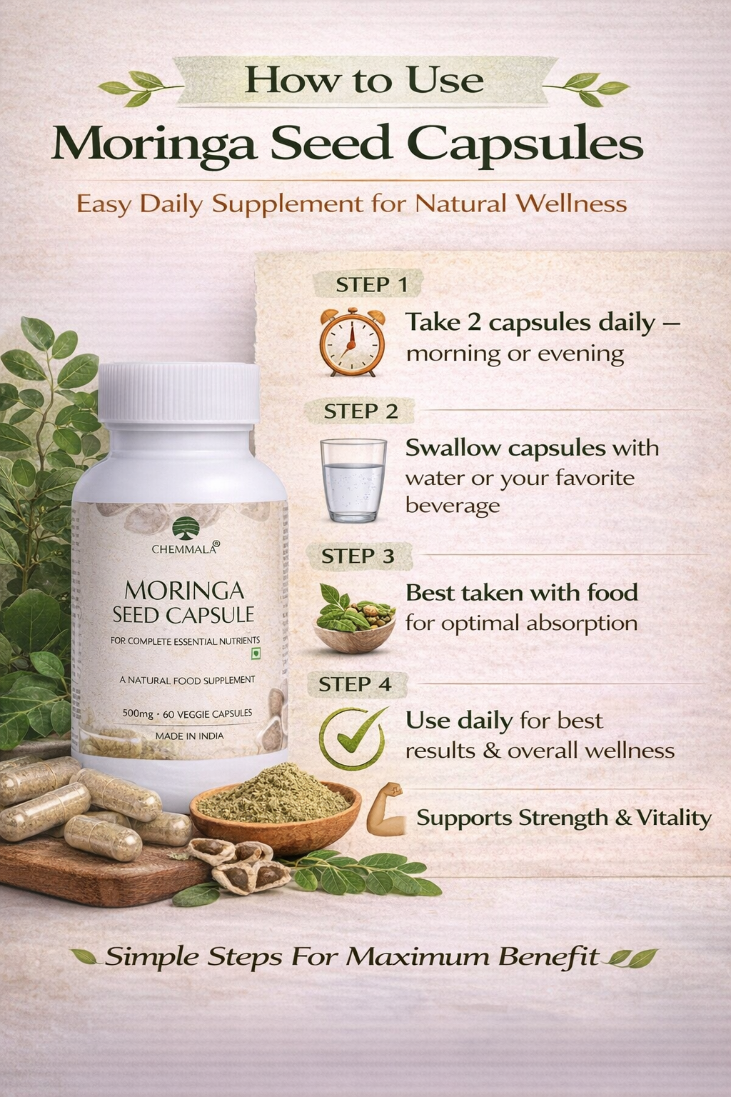 Chemmala Moringa Seed Capsules 500 mg – 100% Herbal Natural Supplement for Immunity, Digestion & Overall Wellness (60 Capsules)