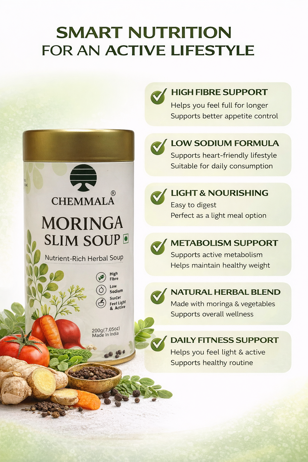Chemmala Moringa Herbal Soup Mix | Nutrient-Rich Vegetable Soup | High Fibre | Light & Healthy | 200g