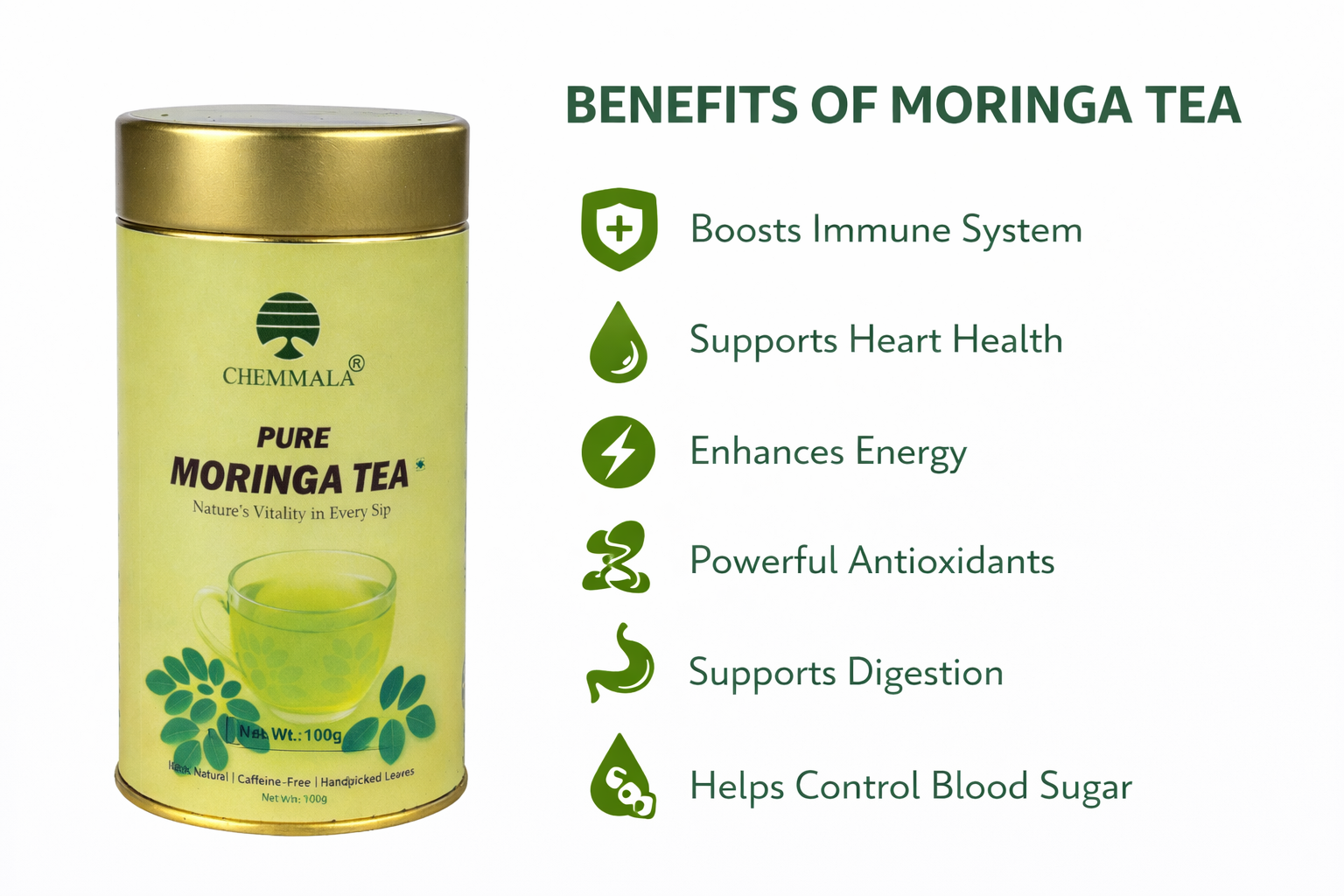 Chemmala Pure Moringa Tea | 100% Natural Herbal Tea | Rich in Antioxidants | Caffeine-Free Wellness Drink | 100g
