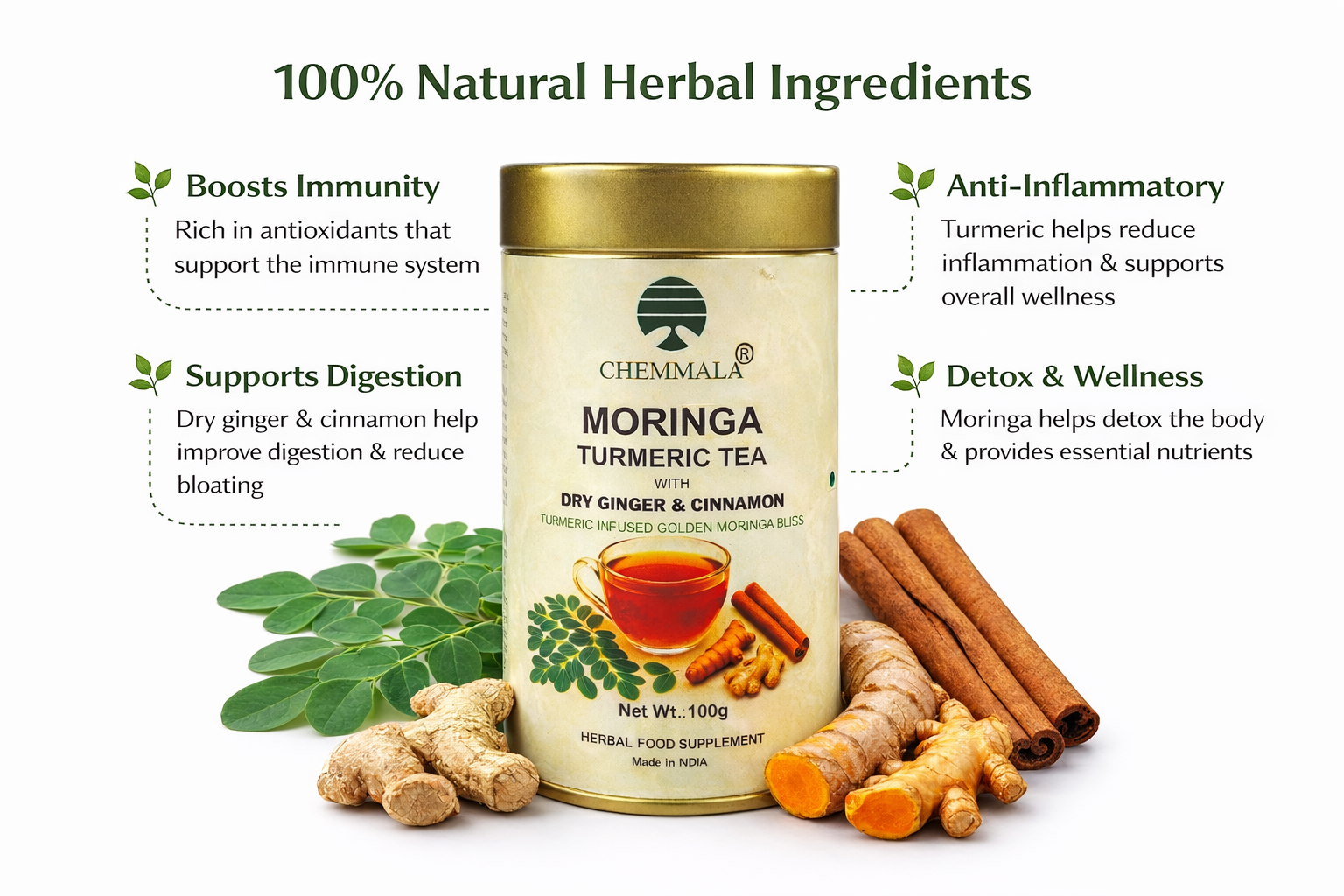 Chemmala Moringa Turmeric Tea with Ginger & Cinnamon | Herbal Immunity Tea | Supports Digestion & Wellness | Natural Detox Drink | 100g