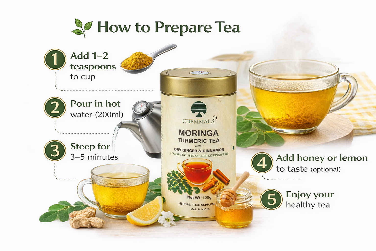 Chemmala Moringa Turmeric Tea with Ginger & Cinnamon | Herbal Immunity Tea | Supports Digestion & Wellness | Natural Detox Drink | 100g