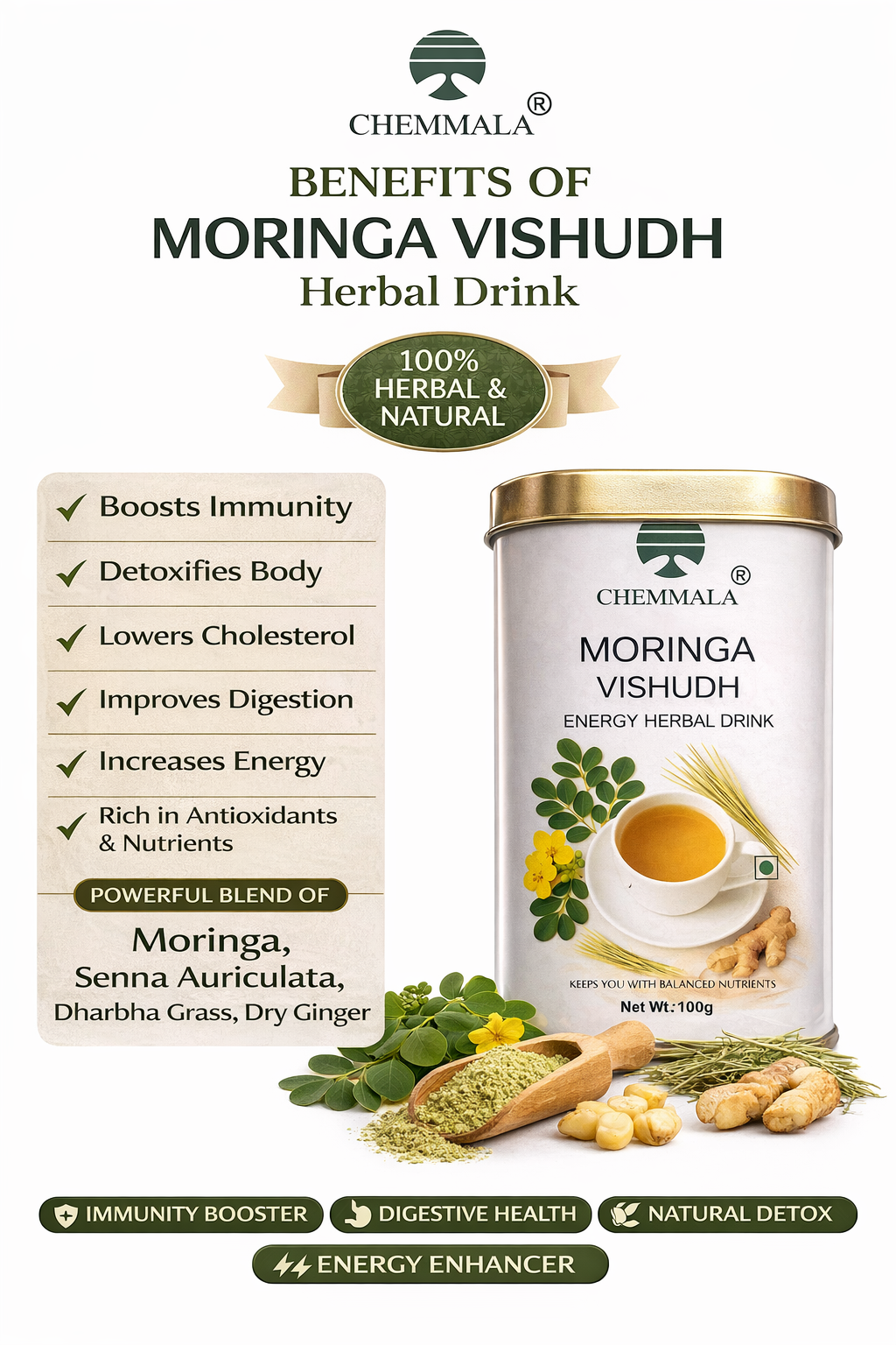 Chemmala Moringa Vishudh Herbal Drink | 100% Natural Detox & Energy Booster | Supports Digestion & Immunity | No Chemicals, No Preservatives (100g)