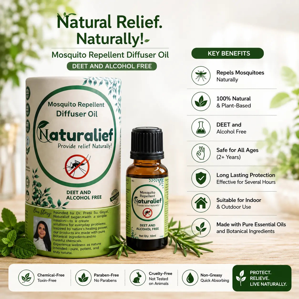 Naturalief Herbal Mosquito Repellent Diffuser Oil – DEET-Free, Aromatic Protection for Indoor Spaces