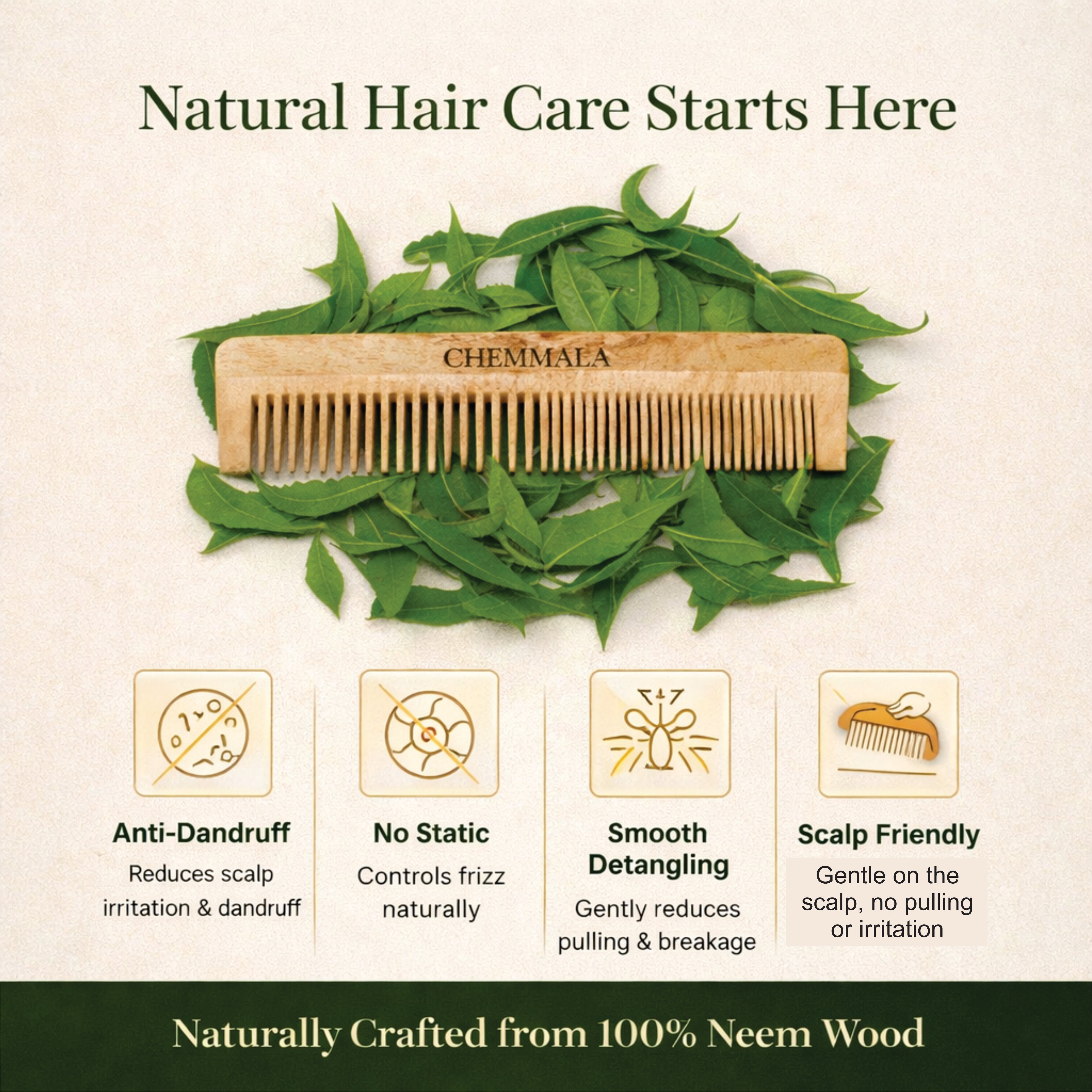 Chemmala Neem Wood Comb – Anti-Dandruff, Anti-Static, Gentle Scalp Care | Handmade Herbal Hair Comb