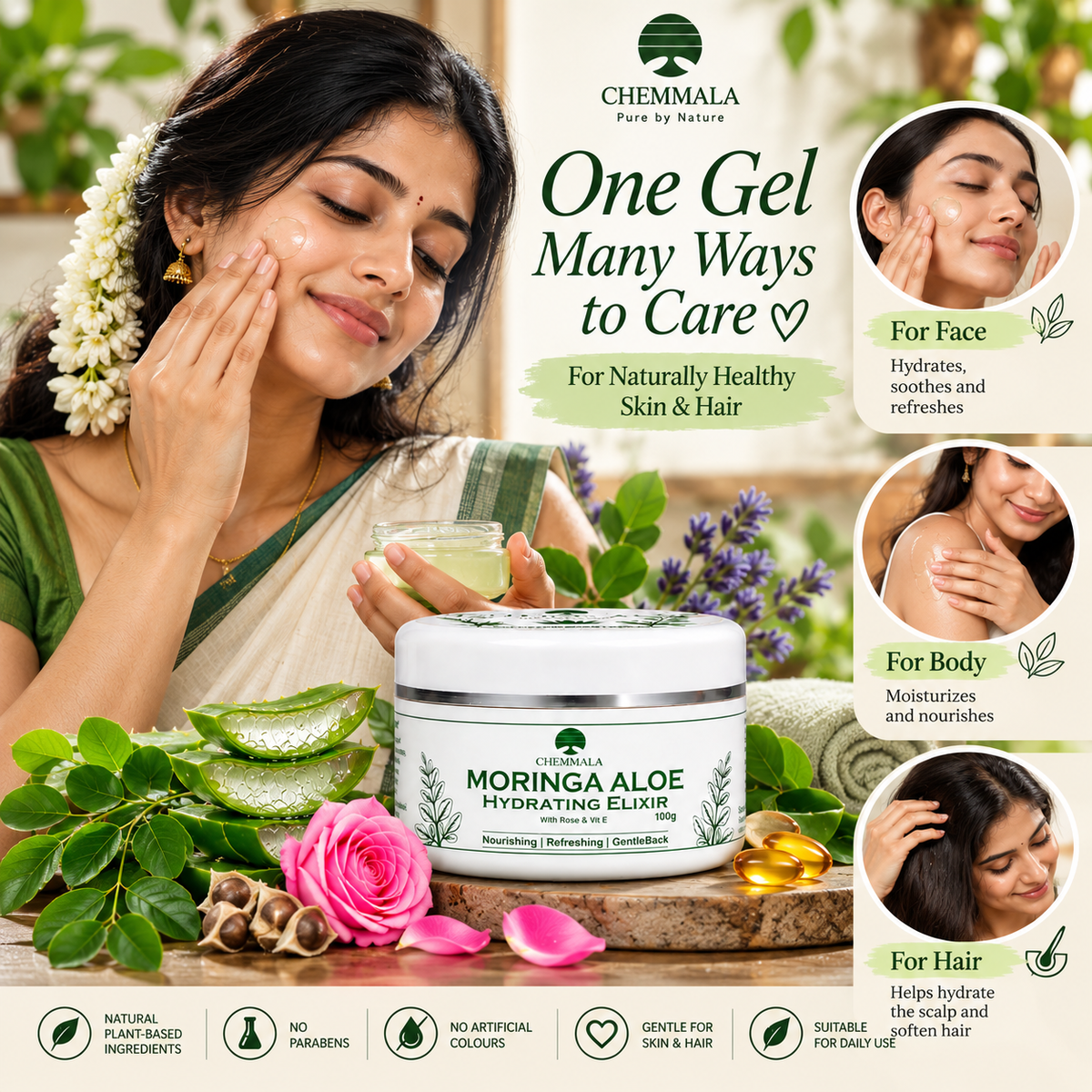 Chemmala Moringa Aloe Hydrating Elixir lifestyle image showcasing daily use for face, body and hair hydration with aloe vera, moringa and botanical ingredients