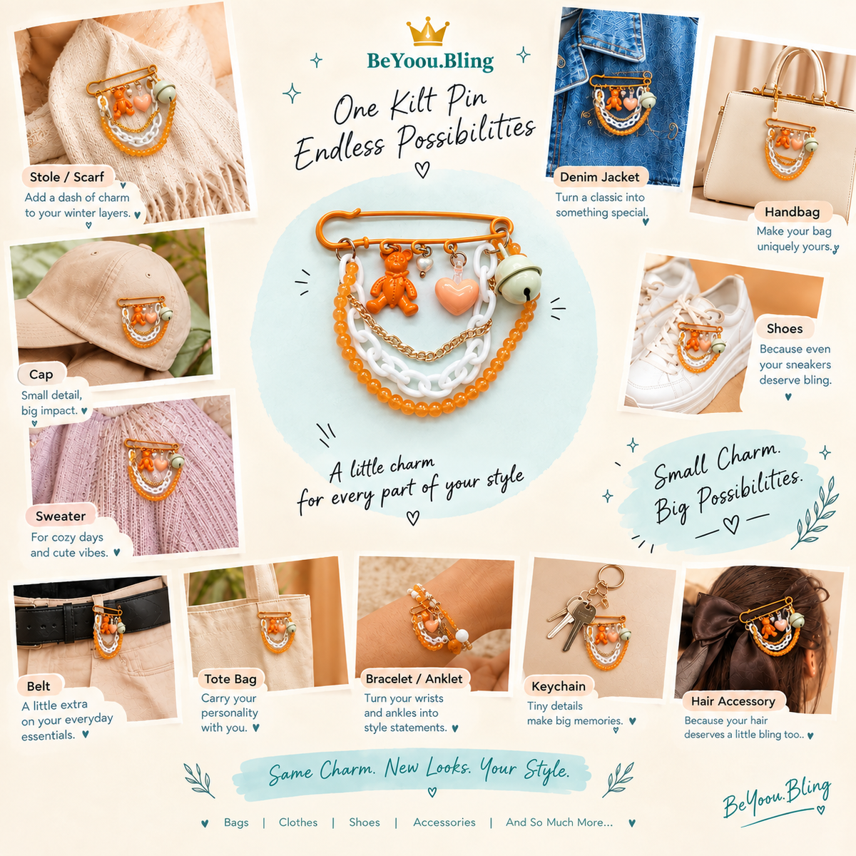 BeYoou.Bling kawaii Handcrafted Cute Orange Teddy Bear Safety Pin Brooch/Kilt Pin