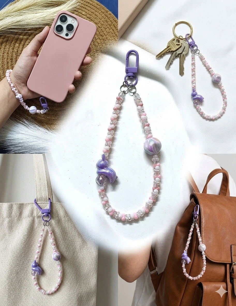 BeYoou.Bling Handcrafted **Cute Pastel Purple Bunny Beaded Wristlet, Phone Tag, Safety Tag