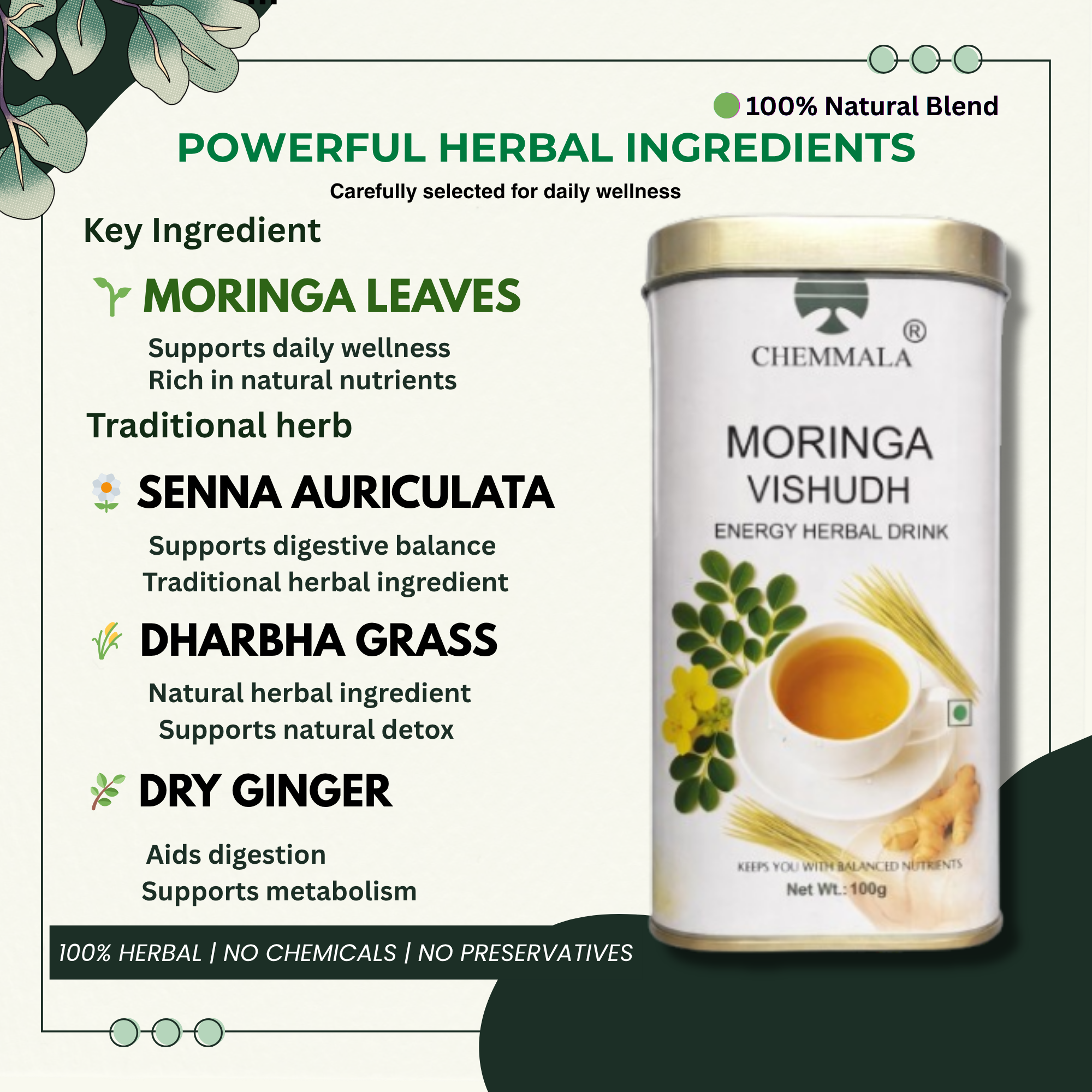 Chemmala Moringa Vishudh Herbal Drink | 100% Natural Detox & Energy Booster | Supports Digestion & Immunity | No Chemicals, No Preservatives (100g)