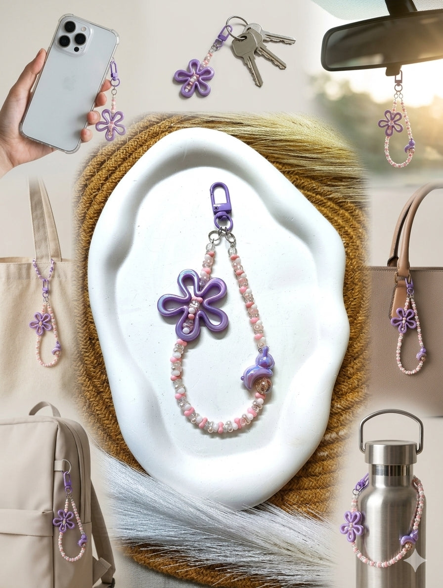 BeYoou.Bling Handcrafted **Purple Flower & Dolphin Beaded Wristlet Keychain, Phone Tag, Safety Tag