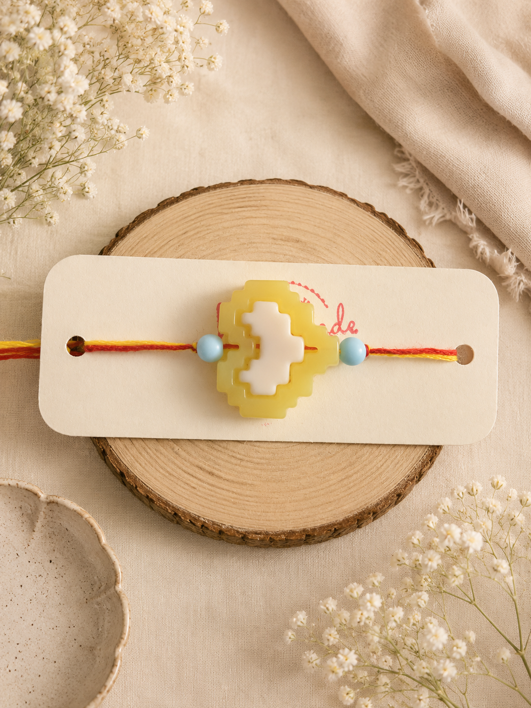 BeYoou.Bling Handcrafted Pastel Yellow & White Rakhi with Pixel Heart Centre Charm