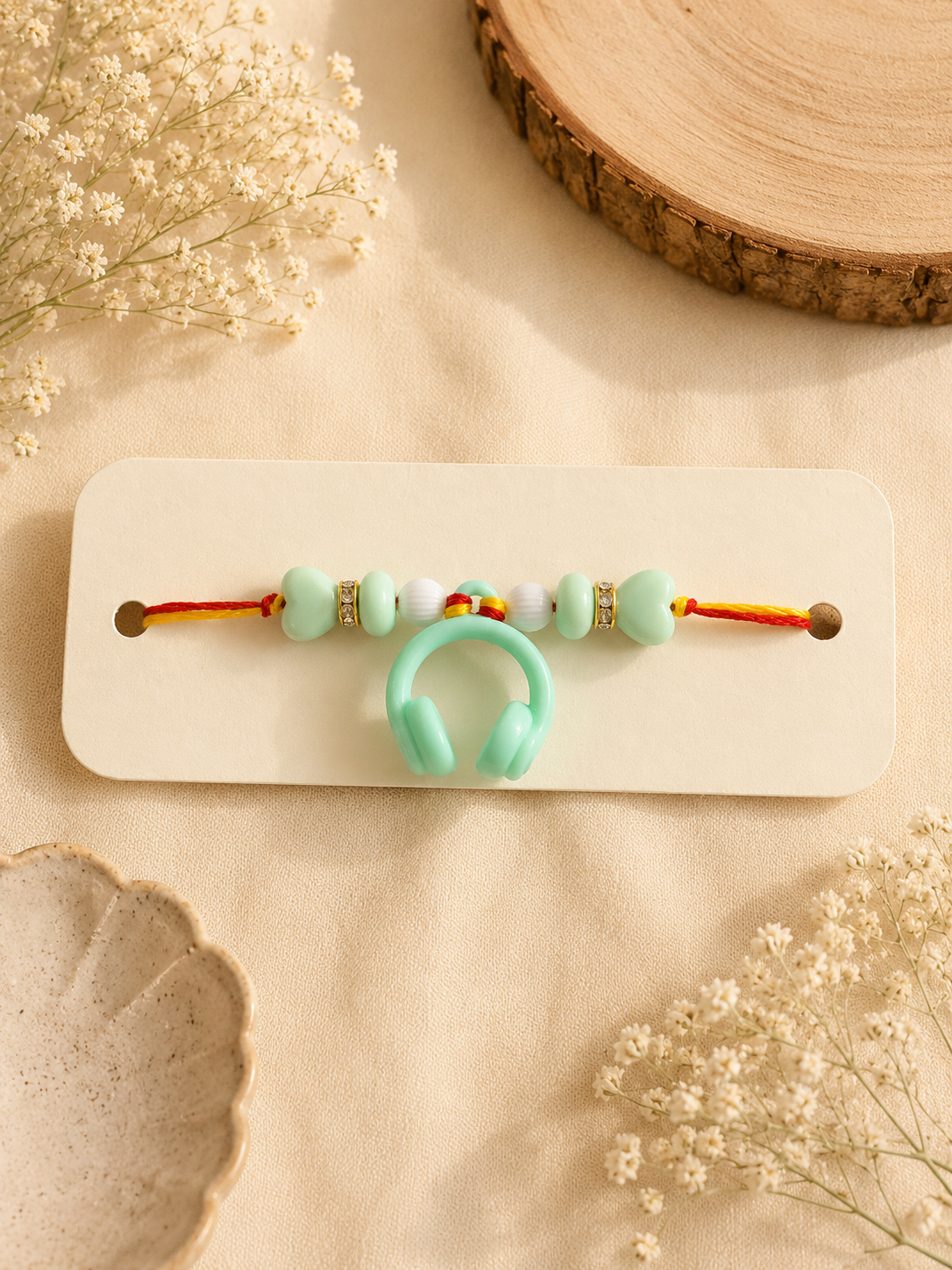 BeYoou.Bling Handcrafted Mint Green Headphone Rakhi with Beaded Accents