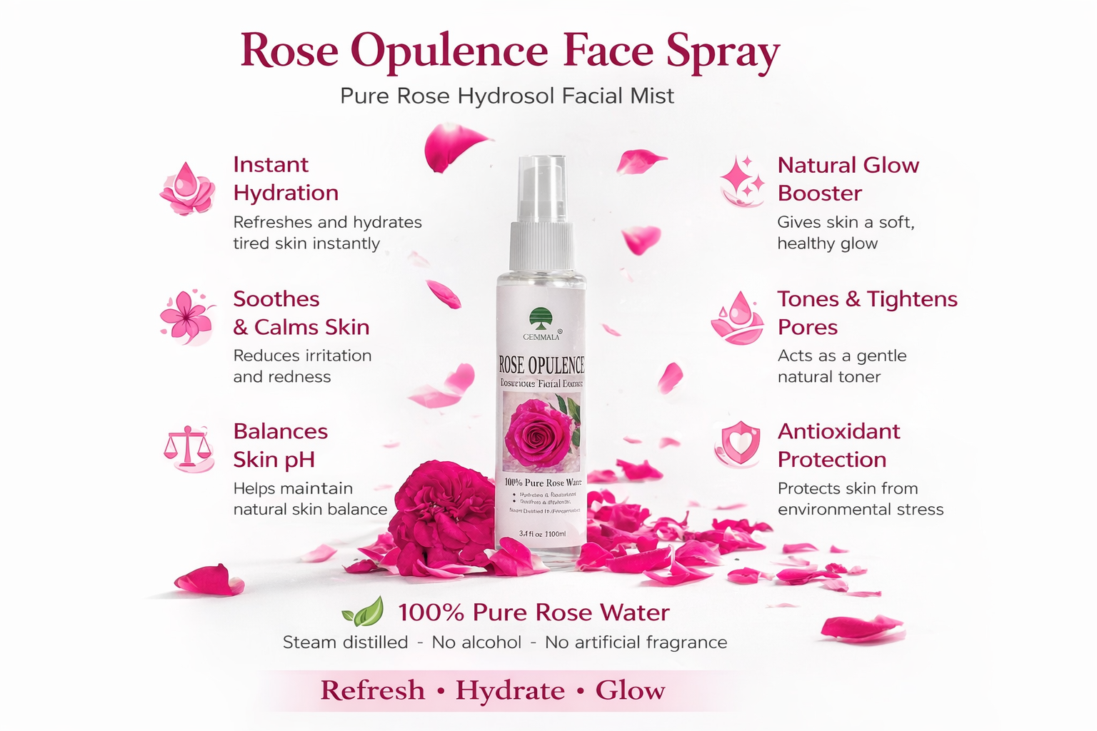 Rose hydrosol face mist benefits including hydration, glow, skin soothing, toner effect and antioxidant protection