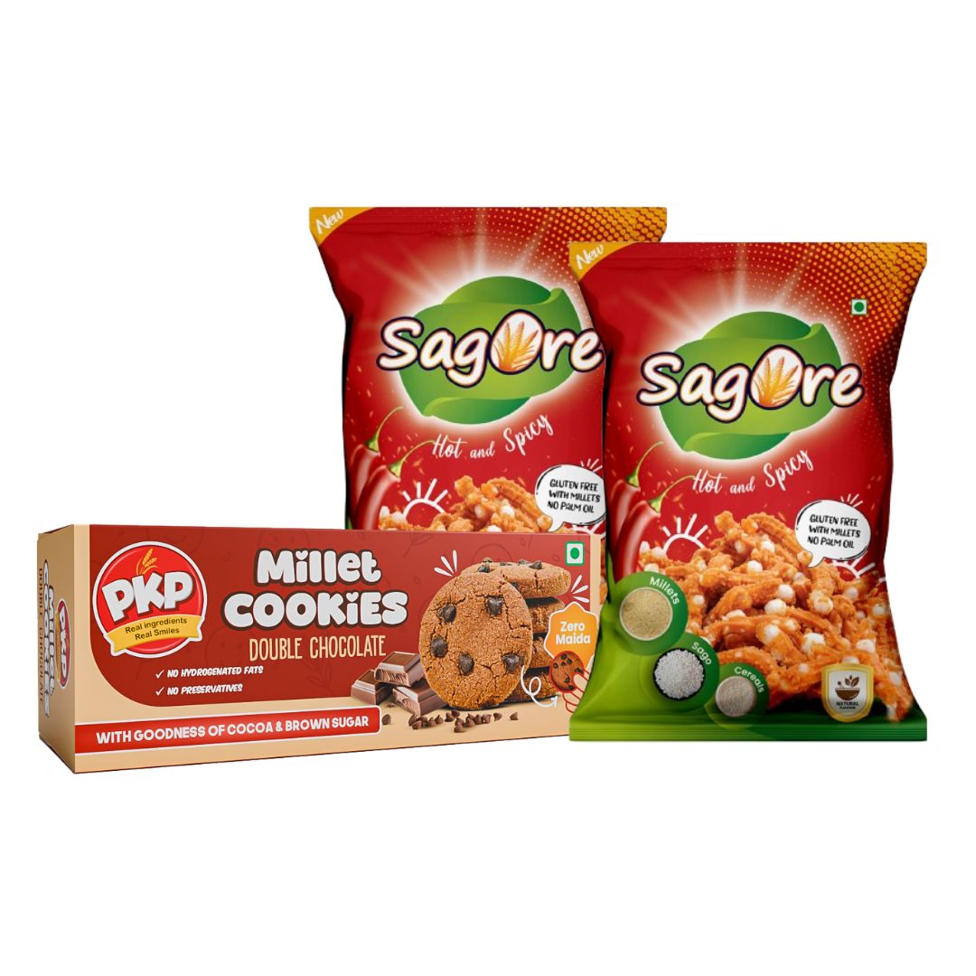 Sagore & PKP Snack Combo, Hot and Spicy Namkeen with Double Chocolate Millet Cookies, No Maida, Pack of 3