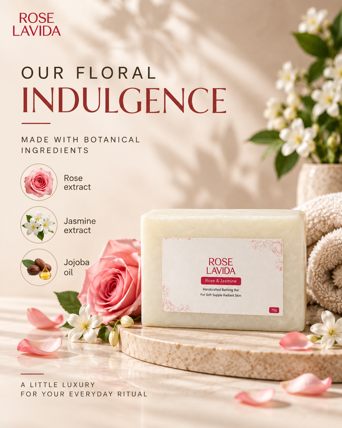 Rose Lavida Floral Indulgence - Rose & Jasmine Luxury Bathing Bar, 75g